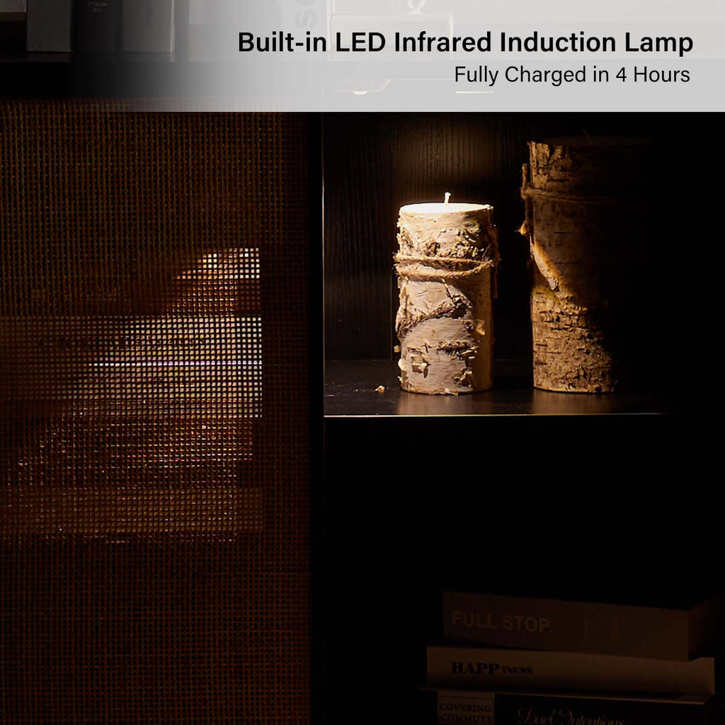 Bahut 4 portes en rotin avec lumière LED, étagère réglable et passe-câbles de 160 cm | Noir / Noyer | Unique