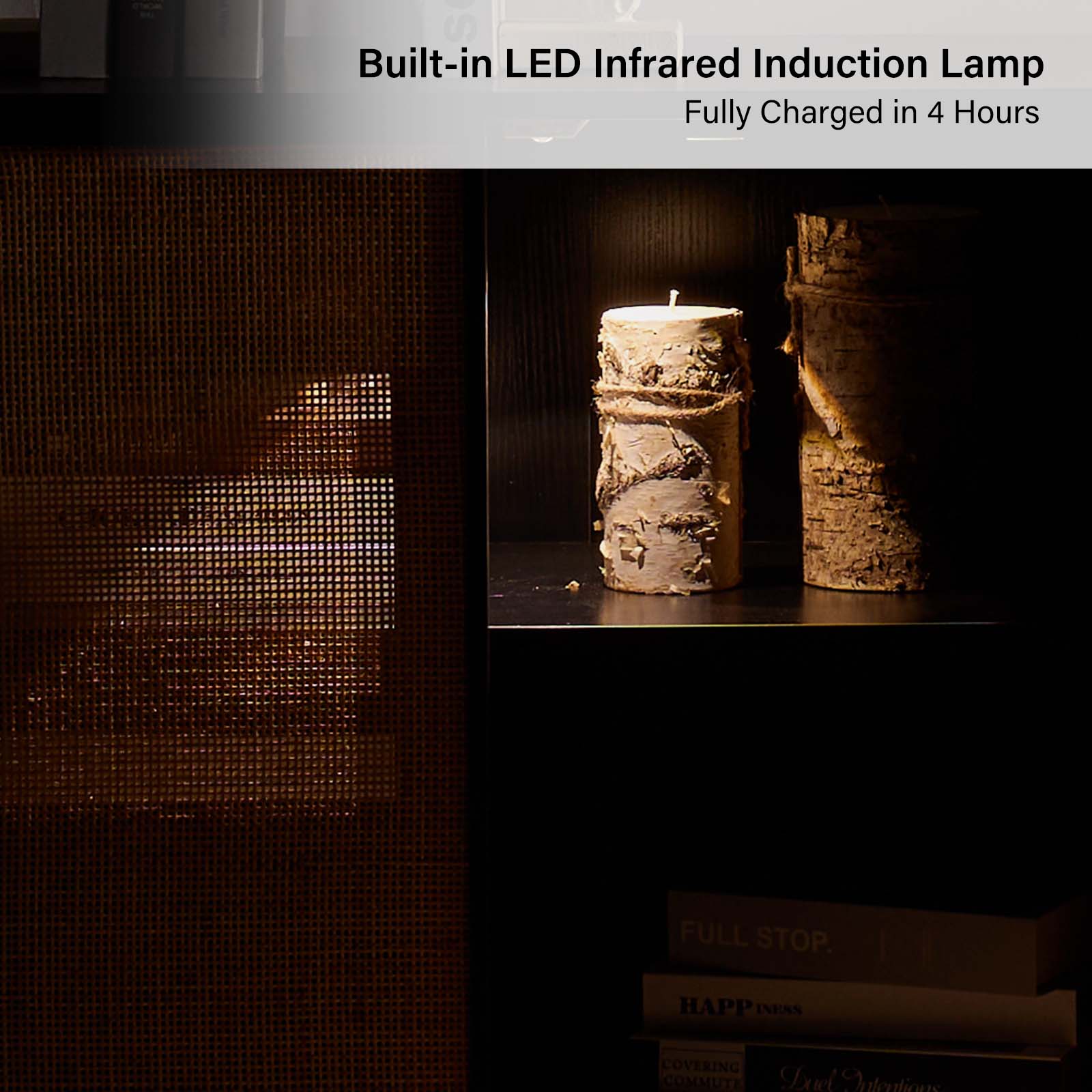 Bahut 4 portes en rotin avec lumière LED, étagère réglable et passe-câbles de 160 cm | Noir / Noyer | Unique