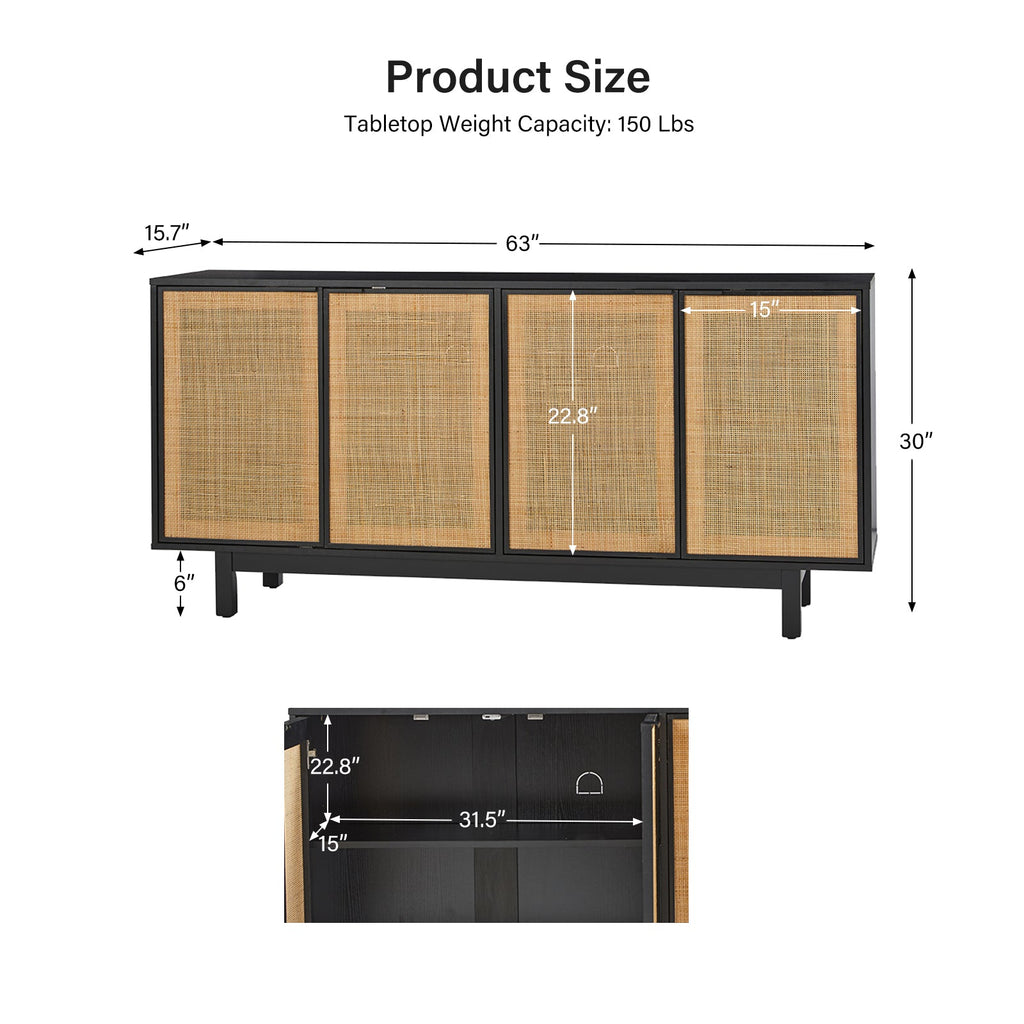 Bahut 4 portes en rotin avec lumière LED, étagère réglable et passe-câbles de 160 cm | Noir / Noyer | Unique