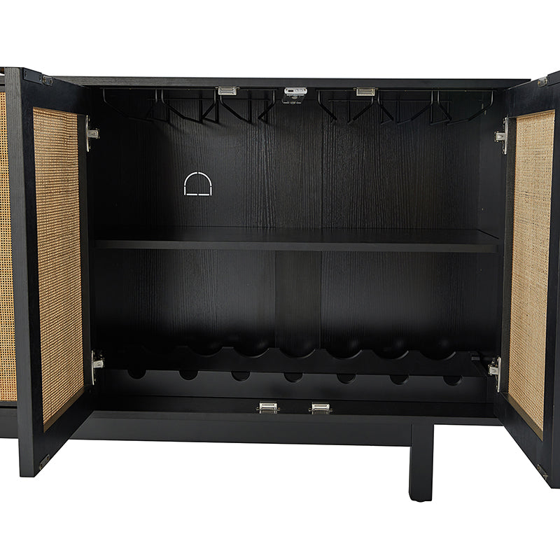 Bahut 4 portes en rotin avec lumière LED, étagère réglable et passe-câbles de 160 cm | Noir / Noyer | Unique