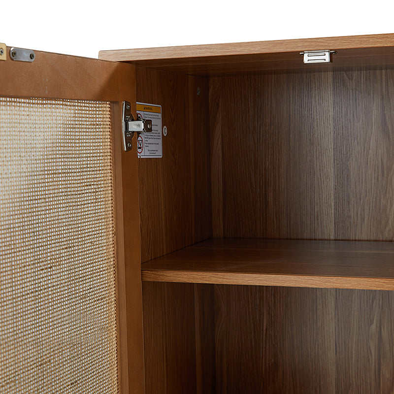 Bahut 4 portes en rotin avec lumière LED, étagère réglable et passe-câbles de 160 cm | Noir / Noyer | Unique