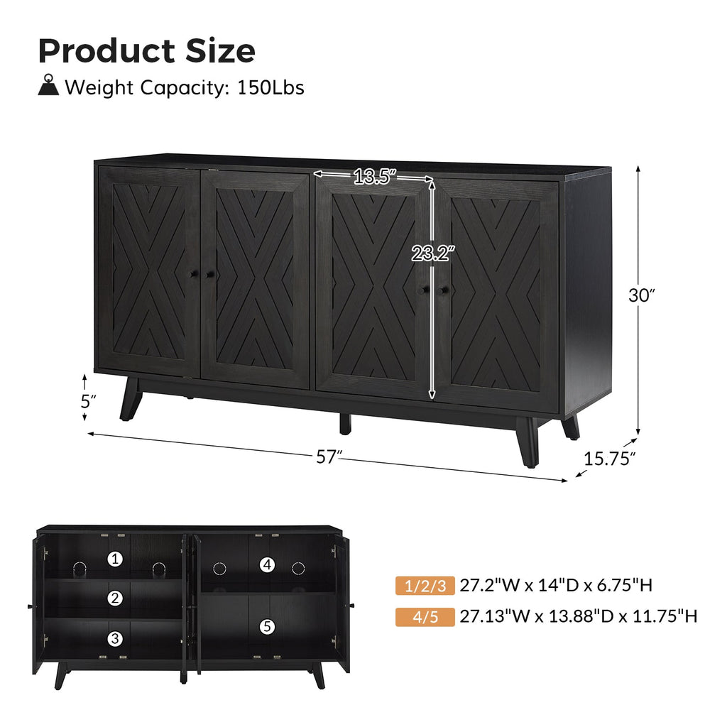 Buffet 4 portes avec incrustation en chevron de 145 cm avec 3 étagères réglables, passe-câbles et pieds en bois de peuplier | Noyer / Noir | Unique