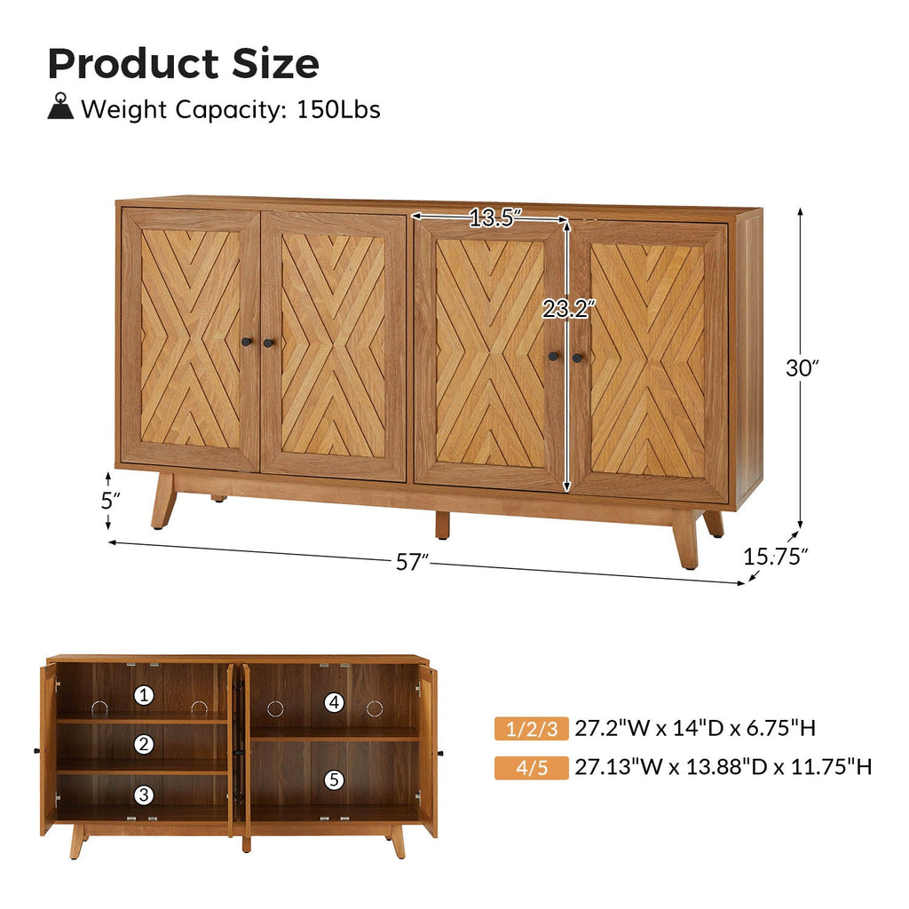 Buffet 4 portes avec incrustation en chevron de 145 cm avec 3 étagères réglables, passe-câbles et pieds en bois de peuplier | Noyer / Noir | Unique