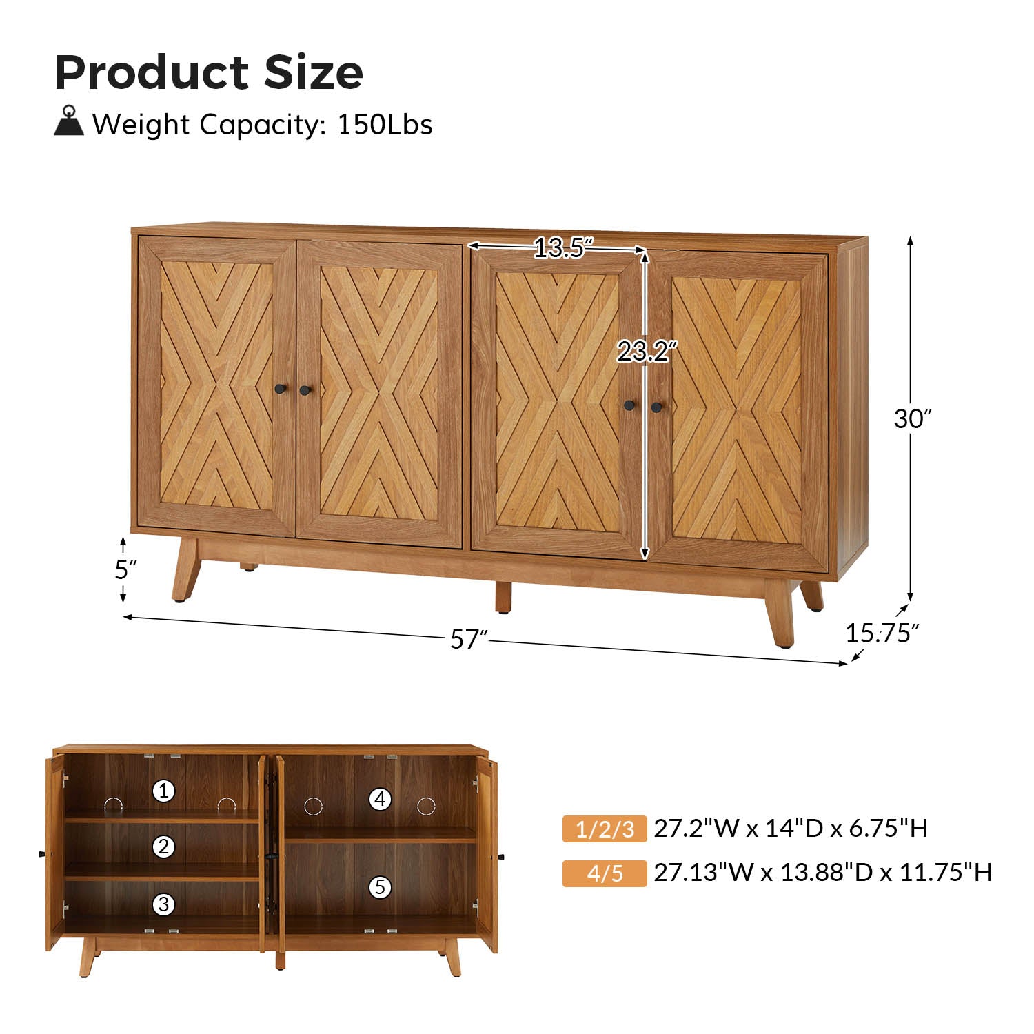 Buffet 4 portes avec incrustation en chevron de 145 cm avec 3 étagères réglables, passe-câbles et pieds en bois de peuplier | Noyer / Noir | Unique