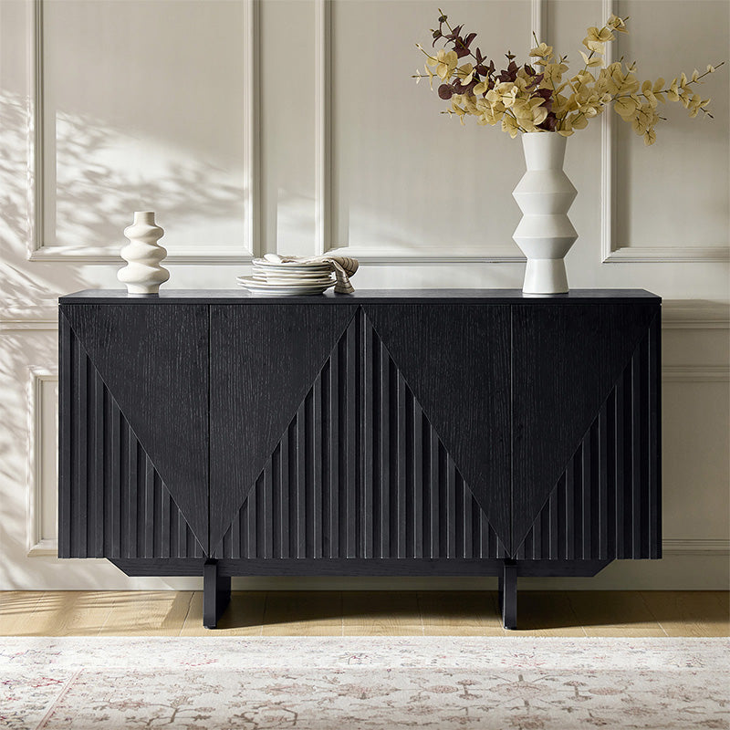 Bahut buffet en MDF avec texture en relief, 4 armoires, étagères réglables et trous passe-câbles | Noyer / Noir | Unique
