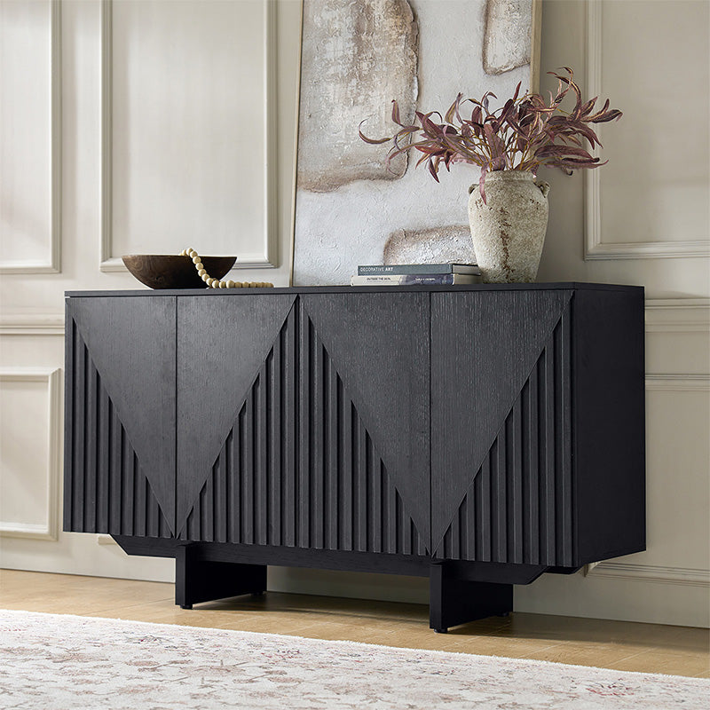Bahut buffet en MDF avec texture en relief, 4 armoires, étagères réglables et trous passe-câbles | Noyer / Noir | Unique