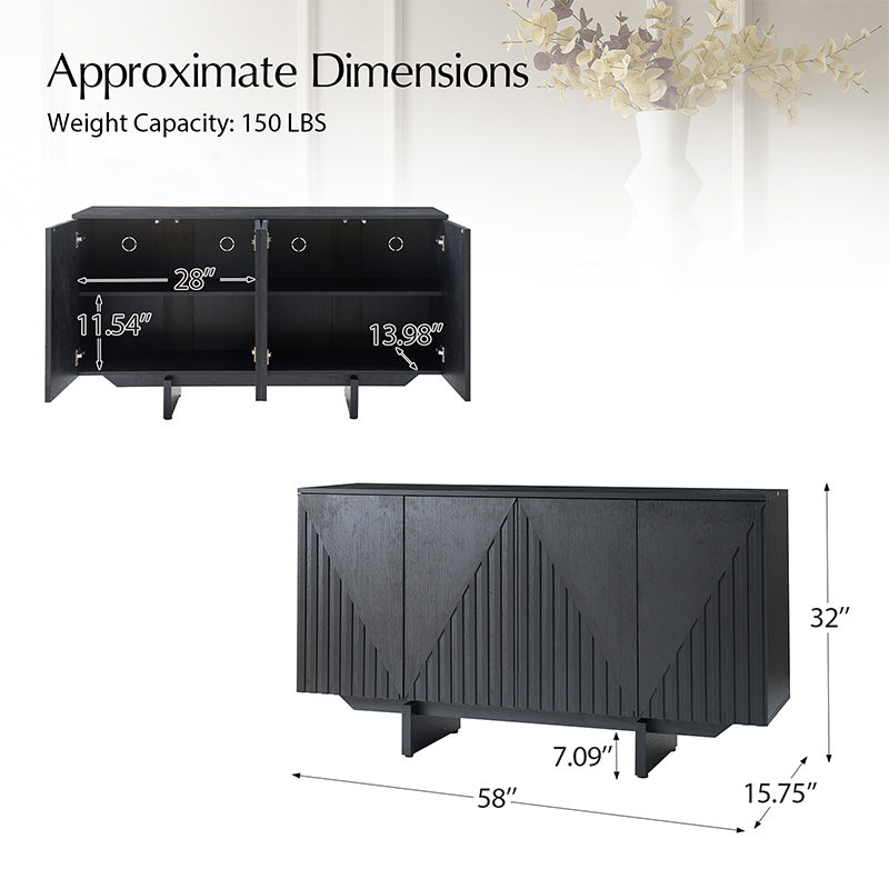 Bahut buffet en MDF avec texture en relief, 4 armoires, étagères réglables et trous passe-câbles | Noyer / Noir | Unique