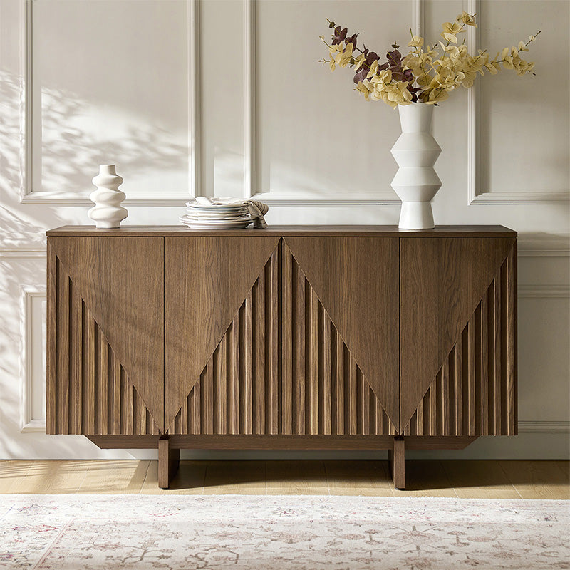 Bahut buffet en MDF avec texture en relief, 4 armoires, étagères réglables et trous passe-câbles | Noyer / Noir | Unique