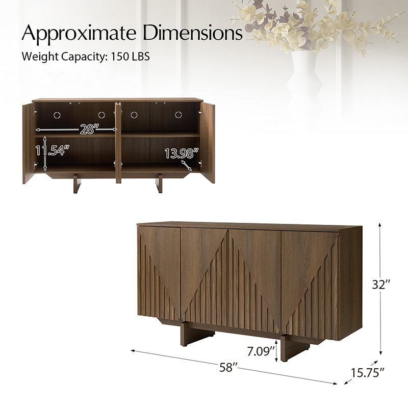Bahut buffet en MDF avec texture en relief, 4 armoires, étagères réglables et trous passe-câbles | Noyer / Noir | Unique