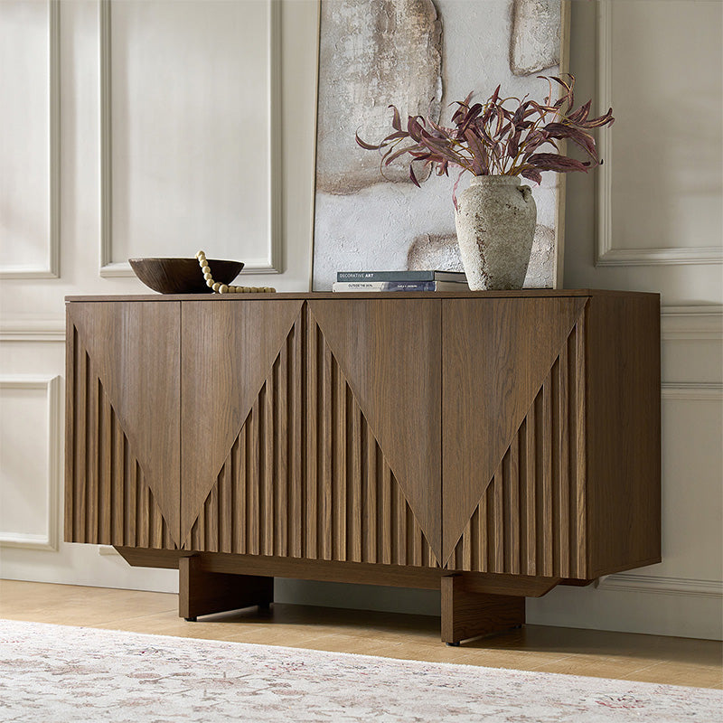 Bahut buffet en MDF avec texture en relief, 4 armoires, étagères réglables et trous passe-câbles | Noyer / Noir | Unique