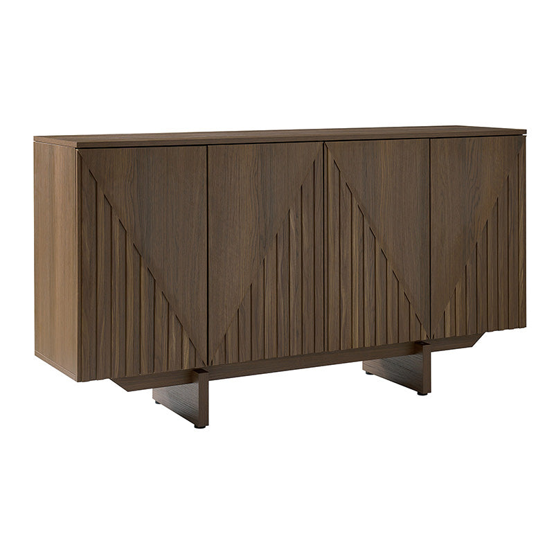 Bahut buffet en MDF avec texture en relief, 4 armoires, étagères réglables et trous passe-câbles | Noyer / Noir | Unique