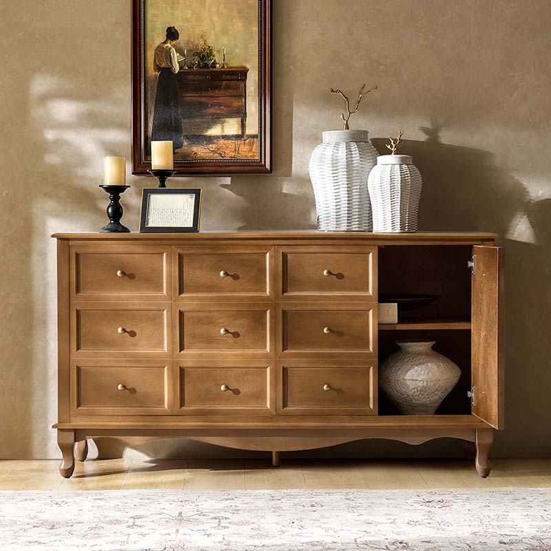Buffet 4 portes avec façade à faux tiroirs, étagères réglables et poignées en métal antique | Noyer / Chêne | Simple