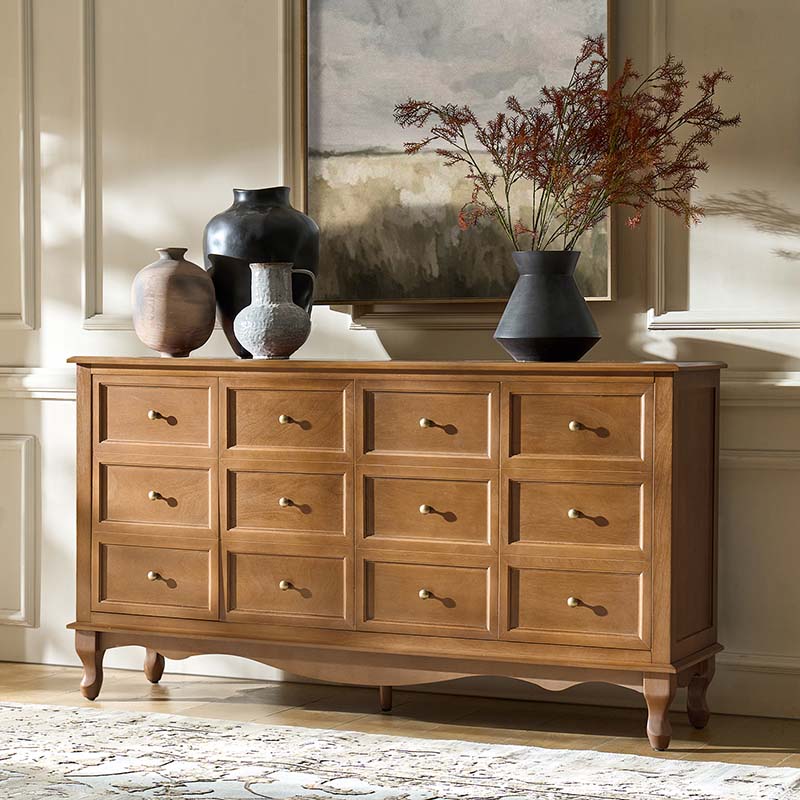 Buffet 4 portes avec façade à faux tiroirs, étagères réglables et poignées en métal antique | Noyer / Chêne | Simple