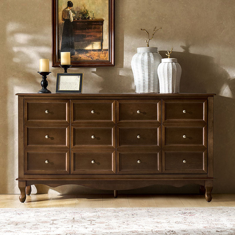 Buffet 4 portes avec façade à faux tiroirs, étagères réglables et poignées en métal antique | Noyer / Chêne | Simple