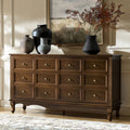 Buffet 4 portes avec façade à faux tiroirs, étagères réglables et poignées en métal antique | Noyer / Chêne | Simple