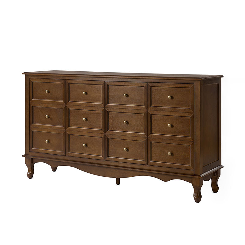 Buffet 4 portes avec façade à faux tiroirs, étagères réglables et poignées en métal antique | Noyer / Chêne | Simple