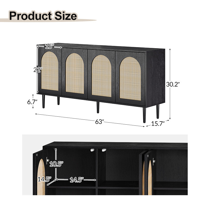 Buffet 4 portes en rotin texturé de 160 cm avec portes à fermeture douce, étagères amovibles et pieds en bois massif | Chêne / Noir | Simple