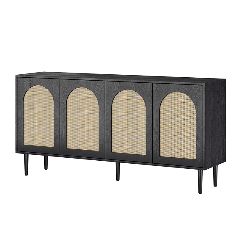 Buffet 4 portes en rotin texturé de 160 cm avec portes à fermeture douce, étagères amovibles et pieds en bois massif | Chêne / Noir | Simple