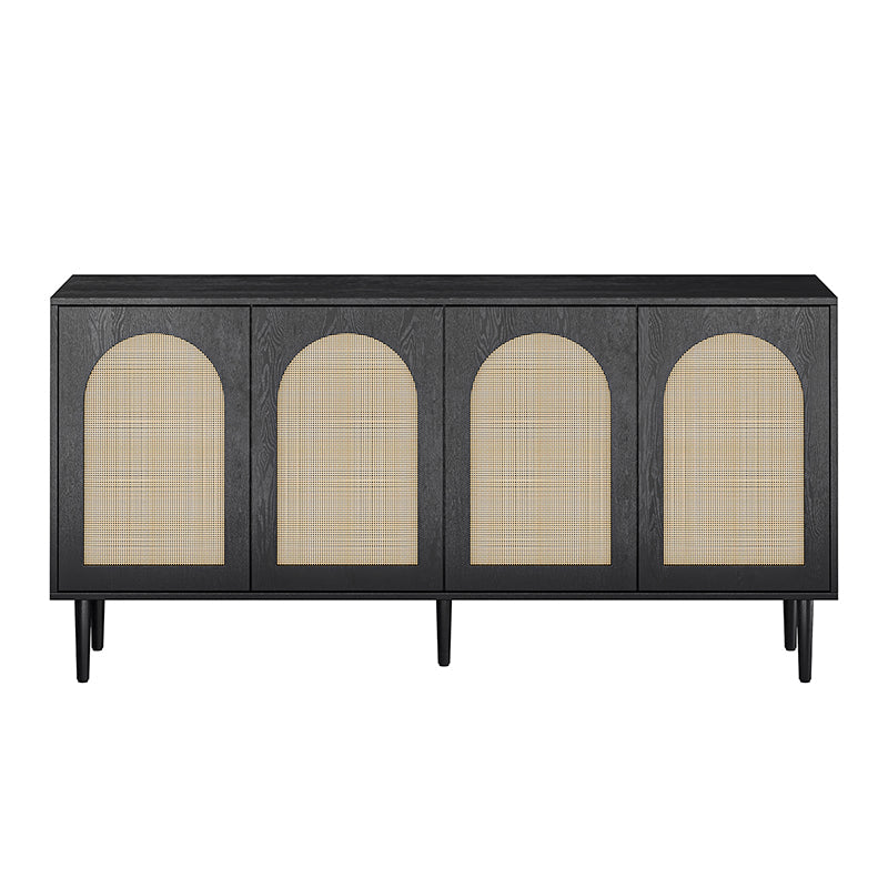 Buffet 4 portes en rotin texturé de 160 cm avec portes à fermeture douce, étagères amovibles et pieds en bois massif | Chêne / Noir | Simple