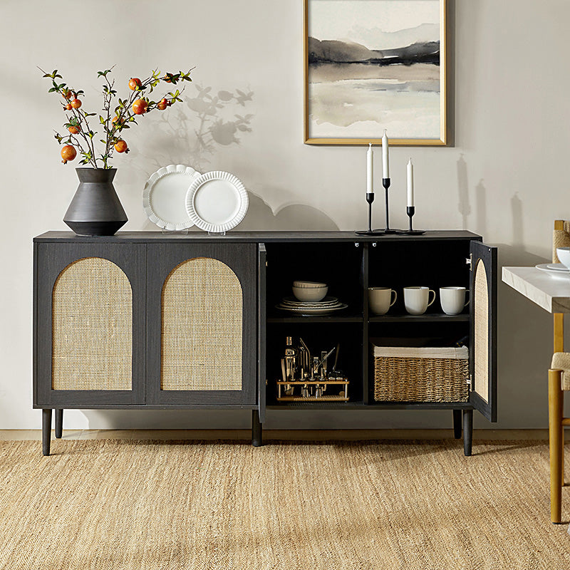 Buffet 4 portes en rotin texturé de 160 cm avec portes à fermeture douce, étagères amovibles et pieds en bois massif | Chêne / Noir | Simple