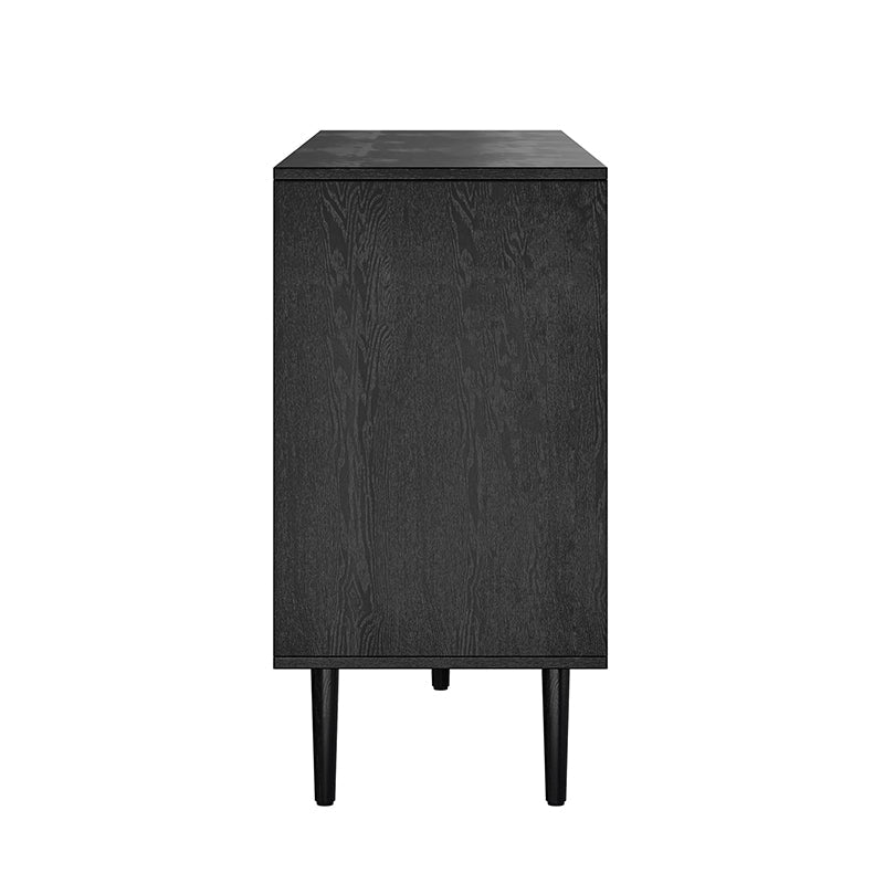 Buffet 4 portes en rotin texturé de 160 cm avec portes à fermeture douce, étagères amovibles et pieds en bois massif | Chêne / Noir | Simple