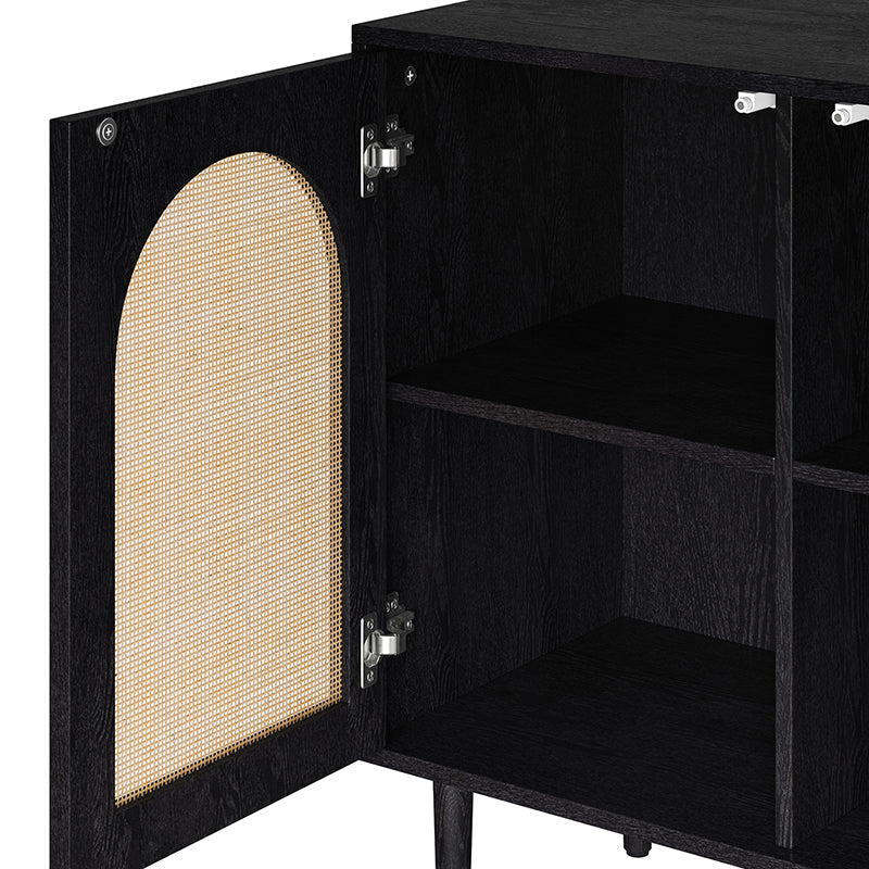 Buffet 4 portes en rotin texturé de 160 cm avec portes à fermeture douce, étagères amovibles et pieds en bois massif | Chêne / Noir | Simple