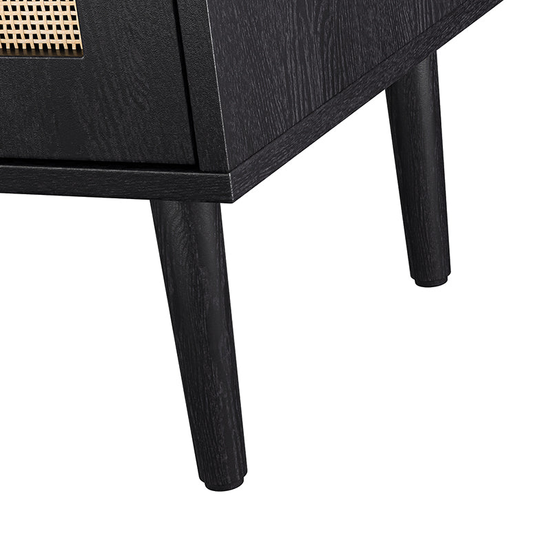 Buffet 4 portes en rotin texturé de 160 cm avec portes à fermeture douce, étagères amovibles et pieds en bois massif | Chêne / Noir | Simple