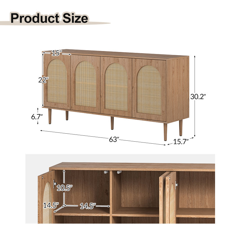 Buffet 4 portes en rotin texturé de 160 cm avec portes à fermeture douce, étagères amovibles et pieds en bois massif | Chêne / Noir | Simple