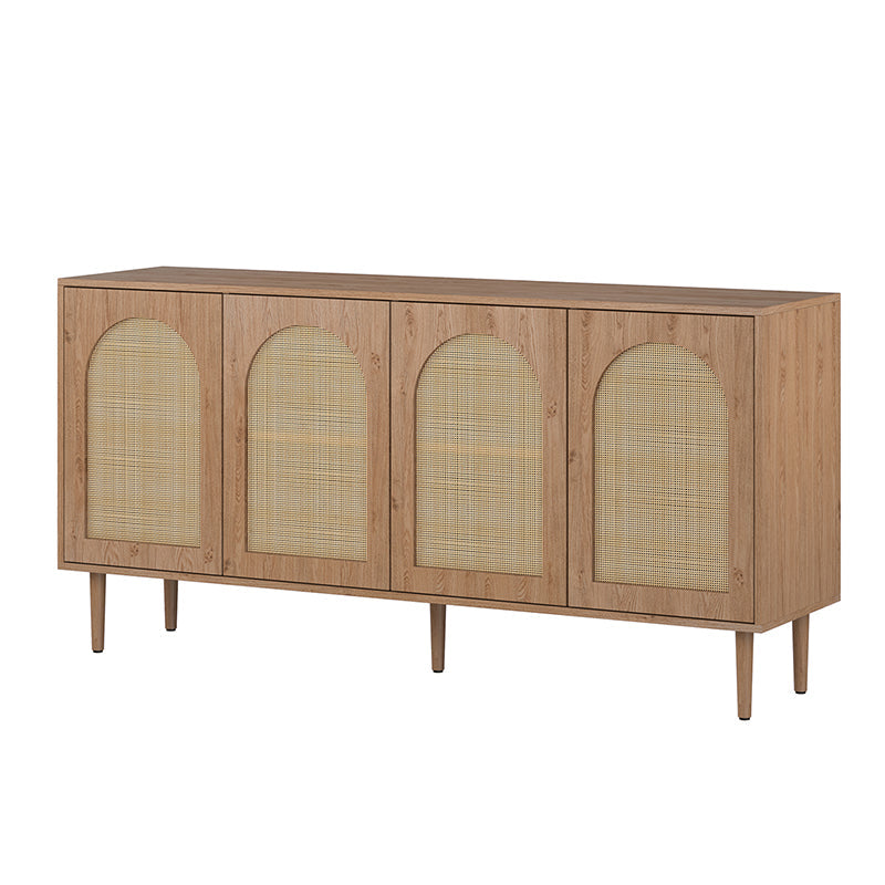Buffet 4 portes en rotin texturé de 160 cm avec portes à fermeture douce, étagères amovibles et pieds en bois massif | Chêne / Noir | Simple