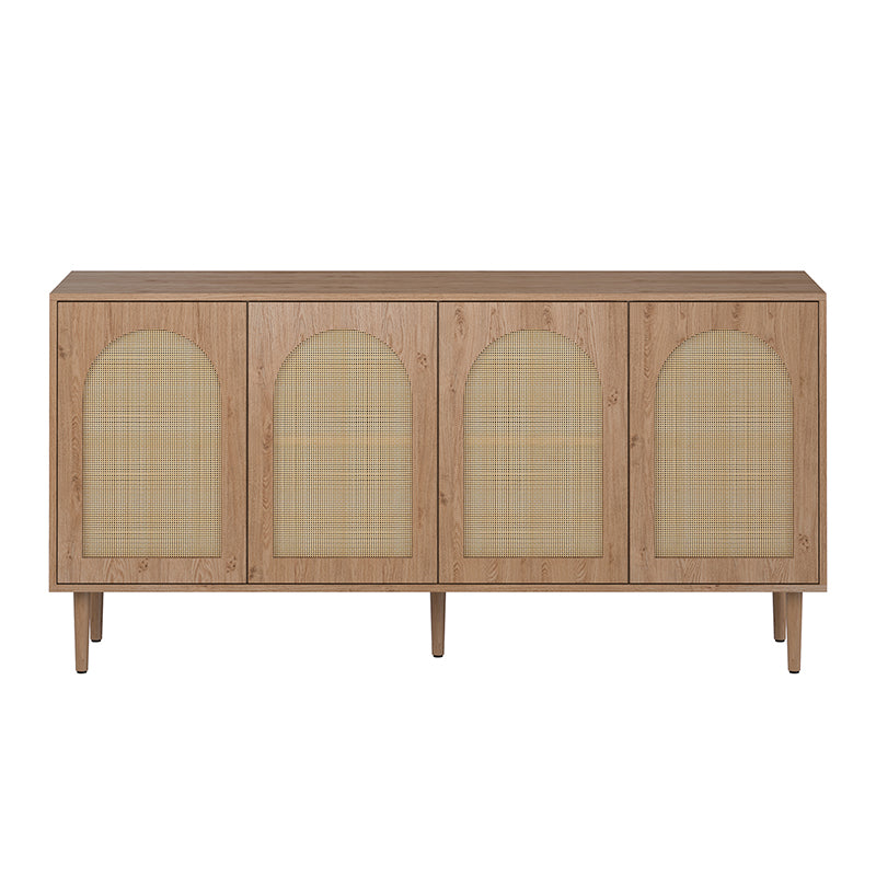 Buffet 4 portes en rotin texturé de 160 cm avec portes à fermeture douce, étagères amovibles et pieds en bois massif | Chêne / Noir | Simple