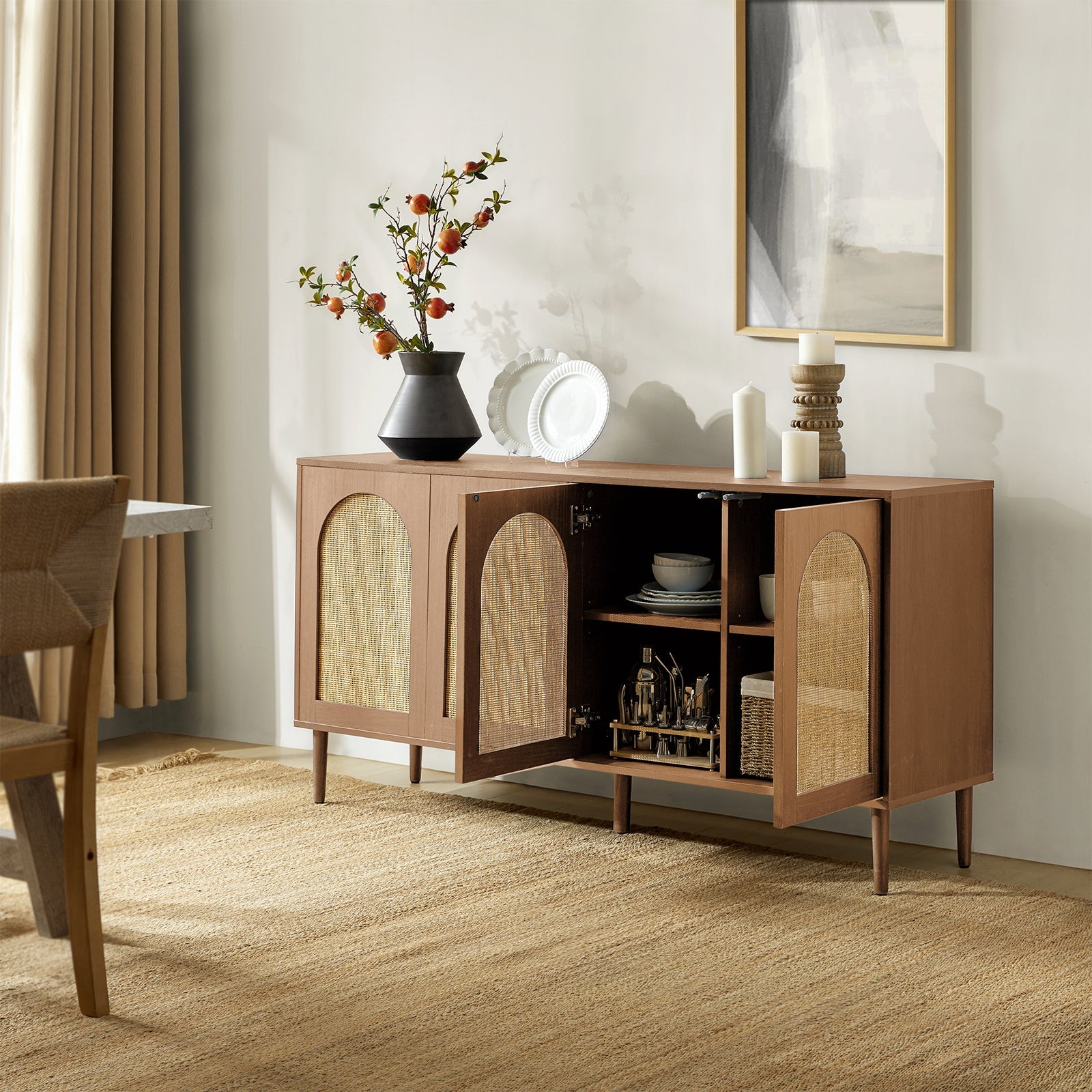 Buffet 4 portes en rotin texturé de 160 cm avec portes à fermeture douce, étagères amovibles et pieds en bois massif | Chêne / Noir | Simple