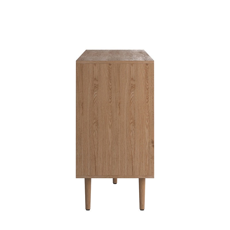Buffet 4 portes en rotin texturé de 160 cm avec portes à fermeture douce, étagères amovibles et pieds en bois massif | Chêne / Noir | Simple