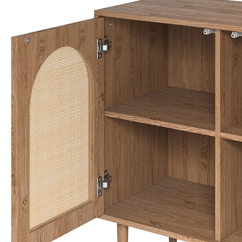 Buffet 4 portes en rotin texturé de 160 cm avec portes à fermeture douce, étagères amovibles et pieds en bois massif | Chêne / Noir | Simple