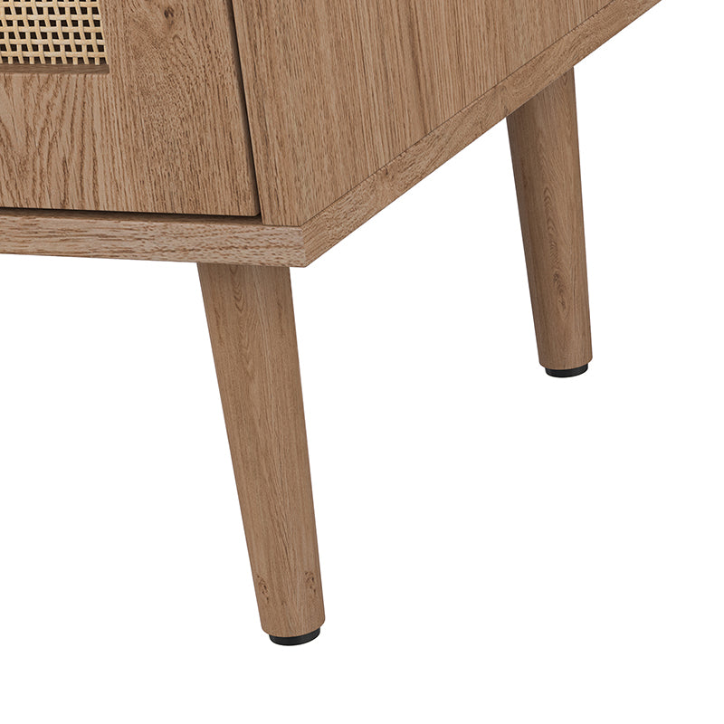 Buffet 4 portes en rotin texturé de 160 cm avec portes à fermeture douce, étagères amovibles et pieds en bois massif | Chêne / Noir | Simple