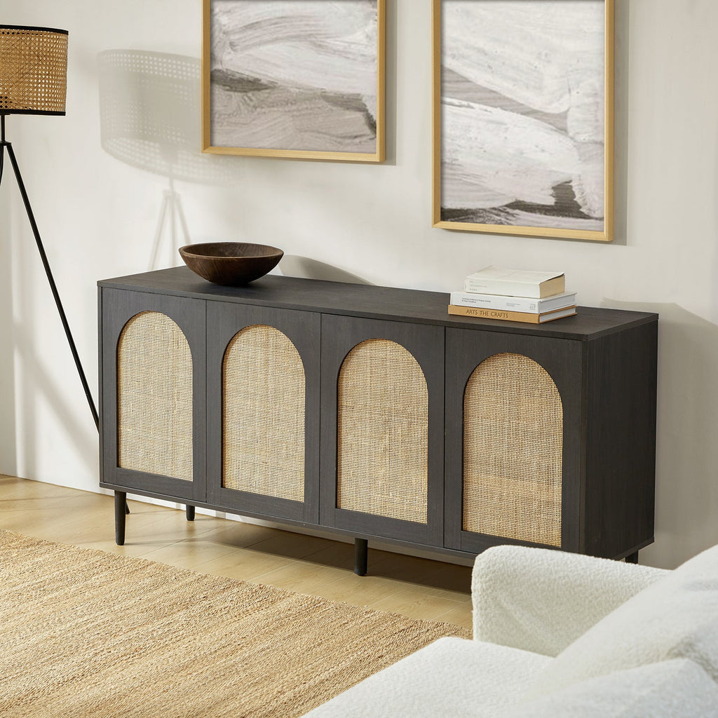Buffet 4 portes en rotin texturé de 160 cm avec portes à fermeture douce, étagères amovibles et pieds en bois massif | Chêne / Noir | Simple