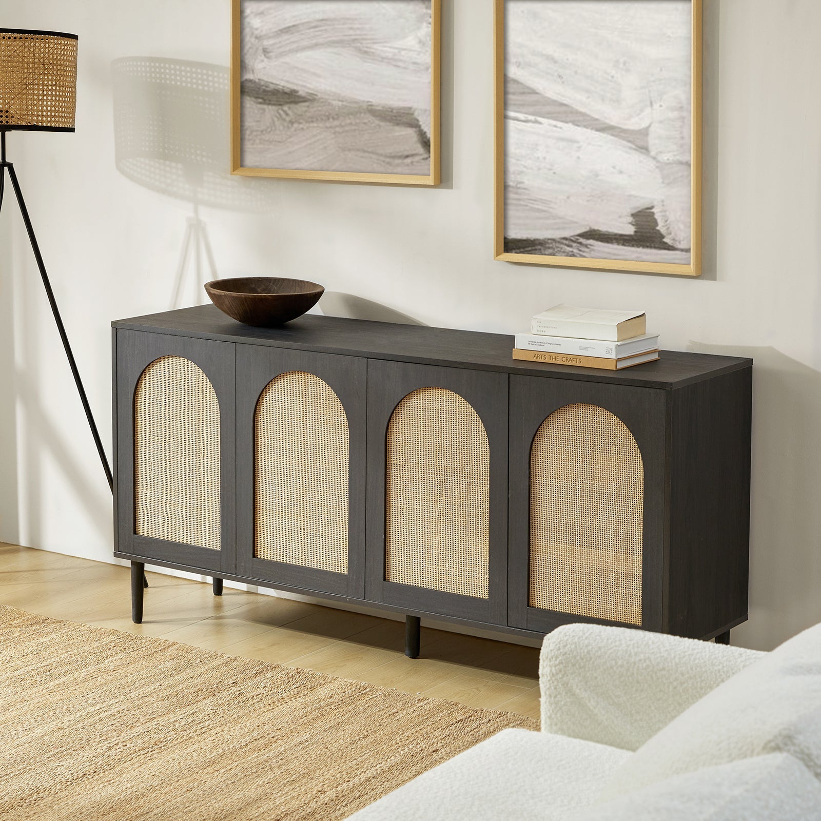 Buffet 4 portes en rotin texturé de 160 cm avec portes à fermeture douce, étagères amovibles et pieds en bois massif | Chêne / Noir | Simple