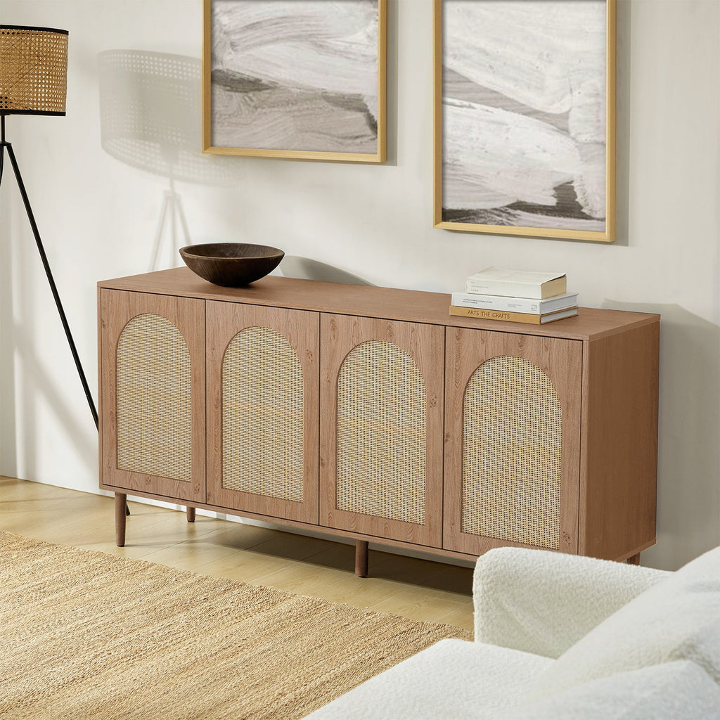 Buffet 4 portes en rotin texturé de 160 cm avec portes à fermeture douce, étagères amovibles et pieds en bois massif | Chêne / Noir | Simple