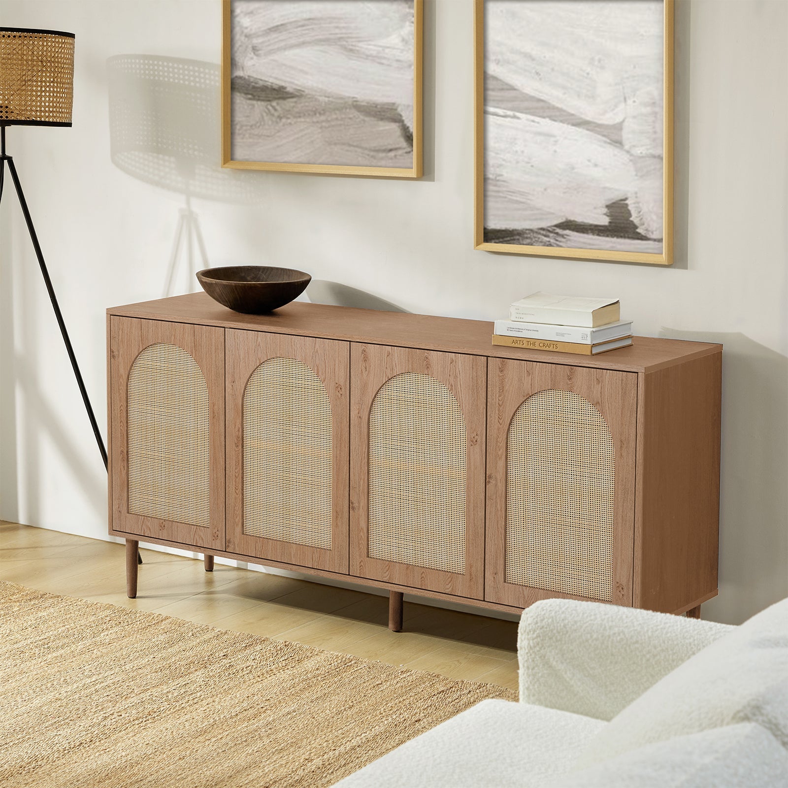 Buffet 4 portes en rotin texturé de 160 cm avec portes à fermeture douce, étagères amovibles et pieds en bois massif | Chêne / Noir | Simple