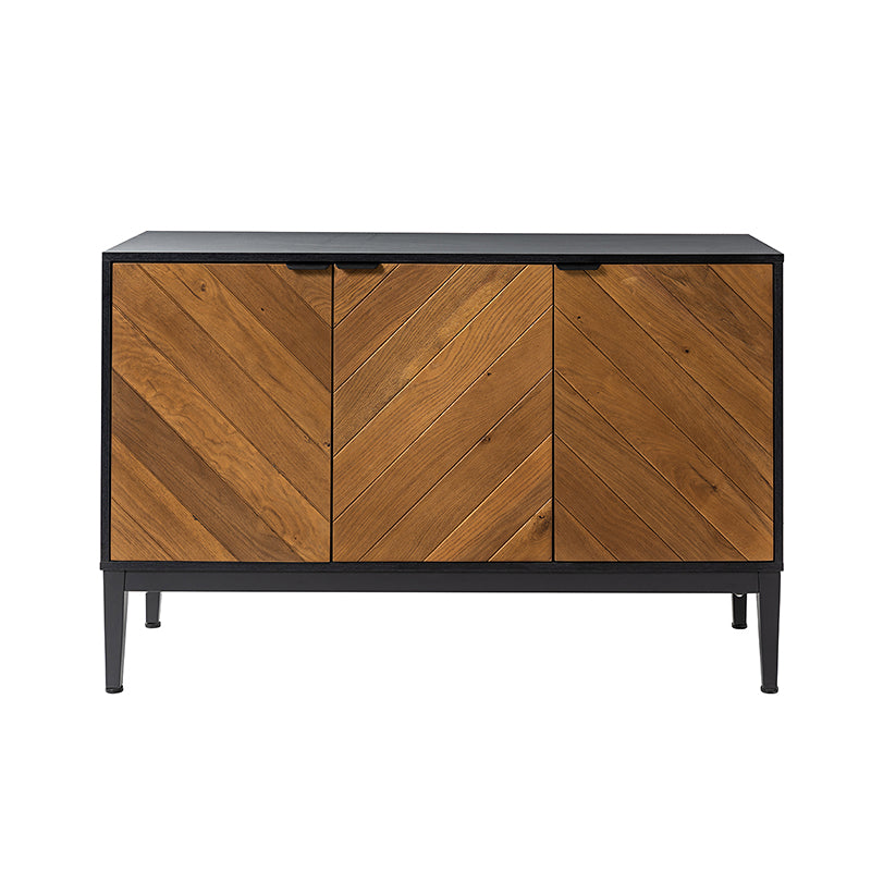 Buffet 3 portes motif chevrons, 2 étagères intérieures réglables et pieds en métal noir | Noir / Noyer | Individuel