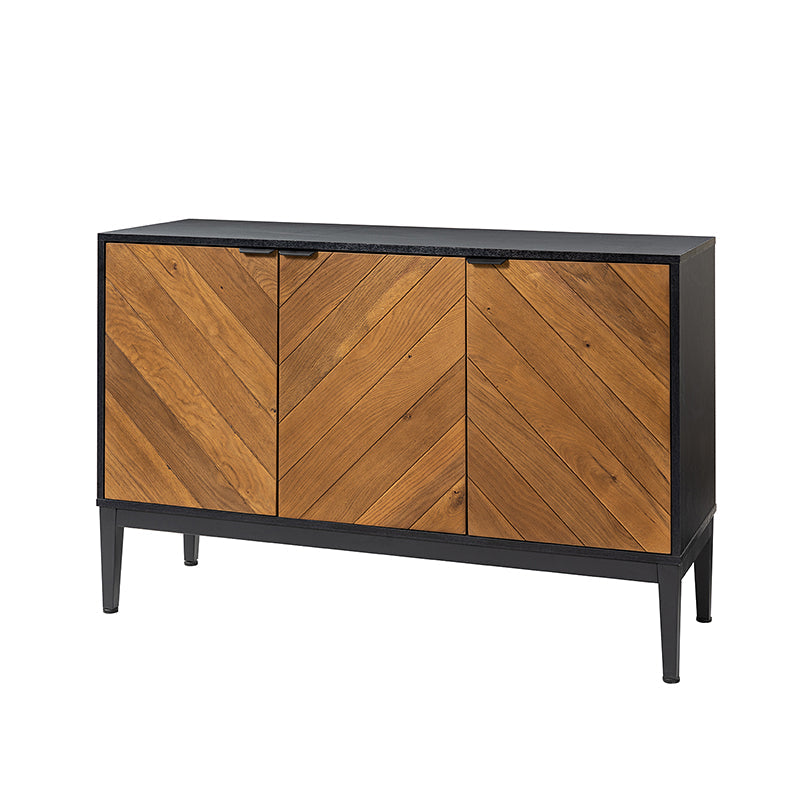 Buffet 3 portes motif chevrons, 2 étagères intérieures réglables et pieds en métal noir | Noir / Noyer | Individuel