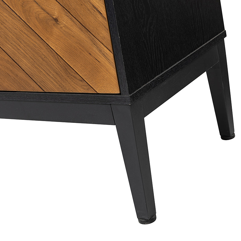 Buffet 3 portes motif chevrons, 2 étagères intérieures réglables et pieds en métal noir | Noir / Noyer | Individuel