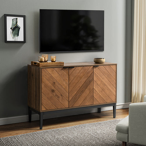 Buffet 3 portes motif chevrons, 2 étagères intérieures réglables et pieds en métal noir | Noir / Noyer | Individuel