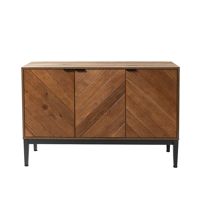 Buffet 3 portes motif chevrons, 2 étagères intérieures réglables et pieds en métal noir | Noir / Noyer | Individuel
