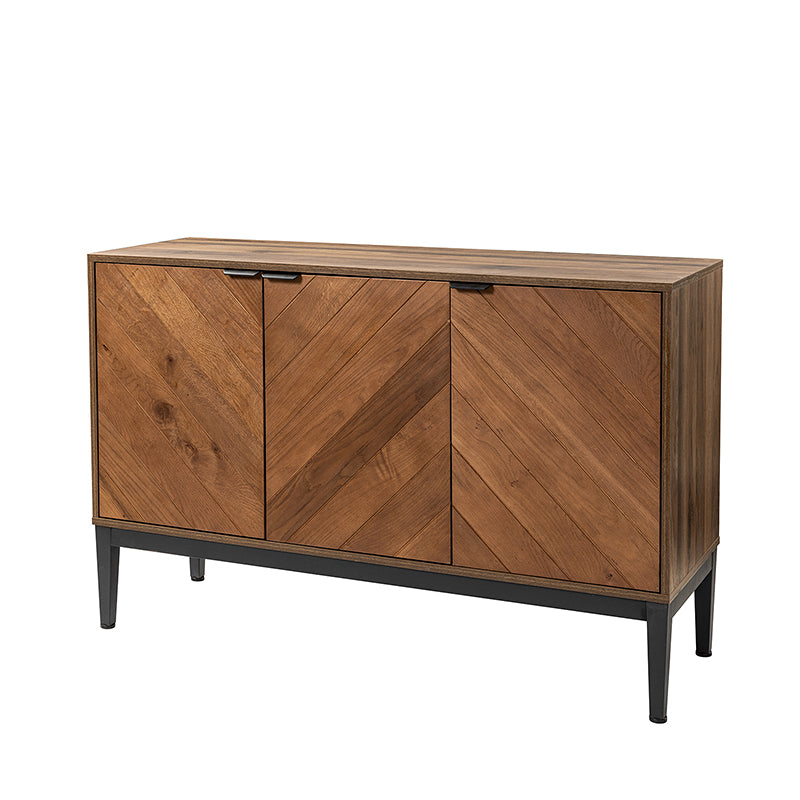 Buffet 3 portes motif chevrons, 2 étagères intérieures réglables et pieds en métal noir | Noir / Noyer | Individuel