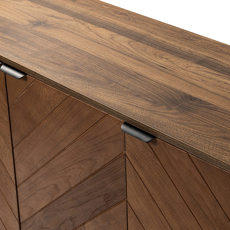 Buffet 3 portes motif chevrons, 2 étagères intérieures réglables et pieds en métal noir | Noir / Noyer | Individuel