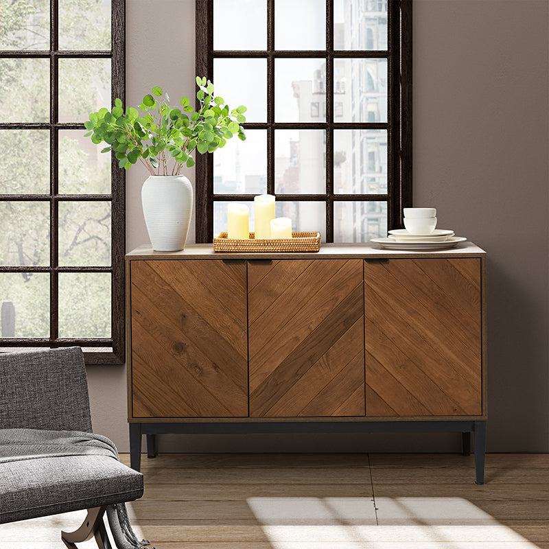 Buffet 3 portes motif chevrons, 2 étagères intérieures réglables et pieds en métal noir | Noir / Noyer | Individuel