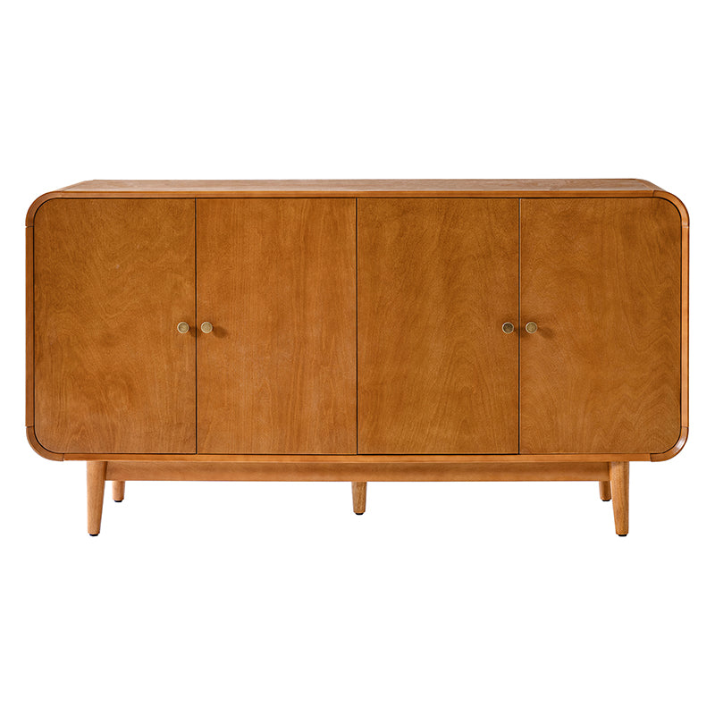 Buffet 4 portes au design incurvé, poignées métalliques rondes, étagères réglables et passe-câbles | Marron / Chêne | Simple