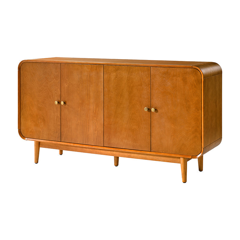 Buffet 4 portes au design incurvé, poignées métalliques rondes, étagères réglables et passe-câbles | Marron / Chêne | Simple
