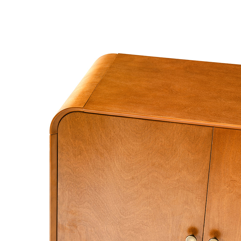Buffet 4 portes au design incurvé, poignées métalliques rondes, étagères réglables et passe-câbles | Marron / Chêne | Simple