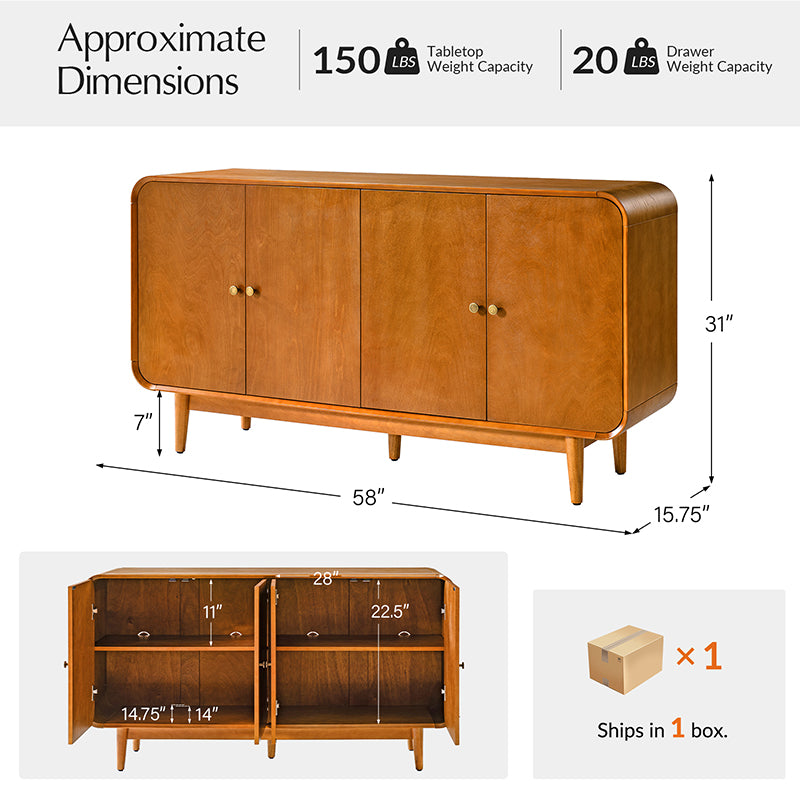 Buffet 4 portes au design incurvé, poignées métalliques rondes, étagères réglables et passe-câbles | Marron / Chêne | Simple